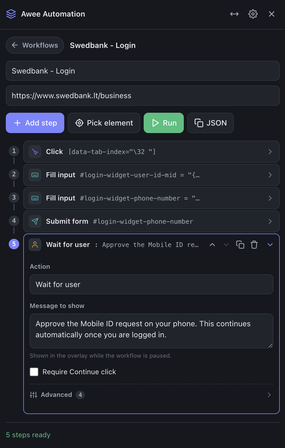 The workflow builder editing a login flow, with a Wait for user step expanded