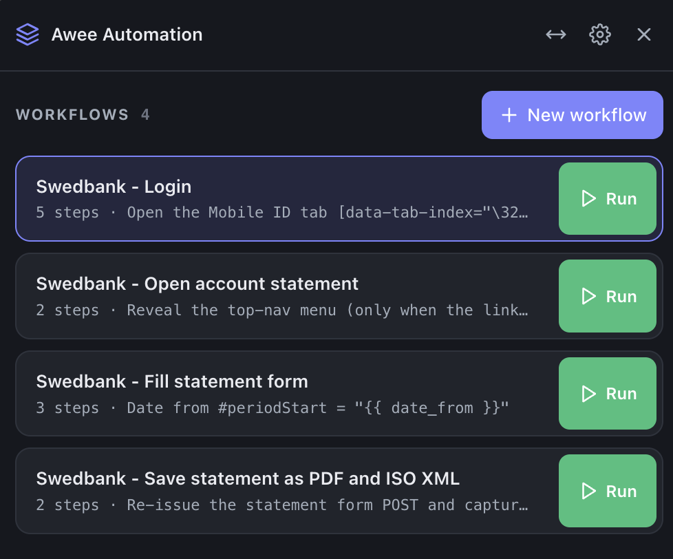 The workflow library, four Swedbank workflows each with a Run button